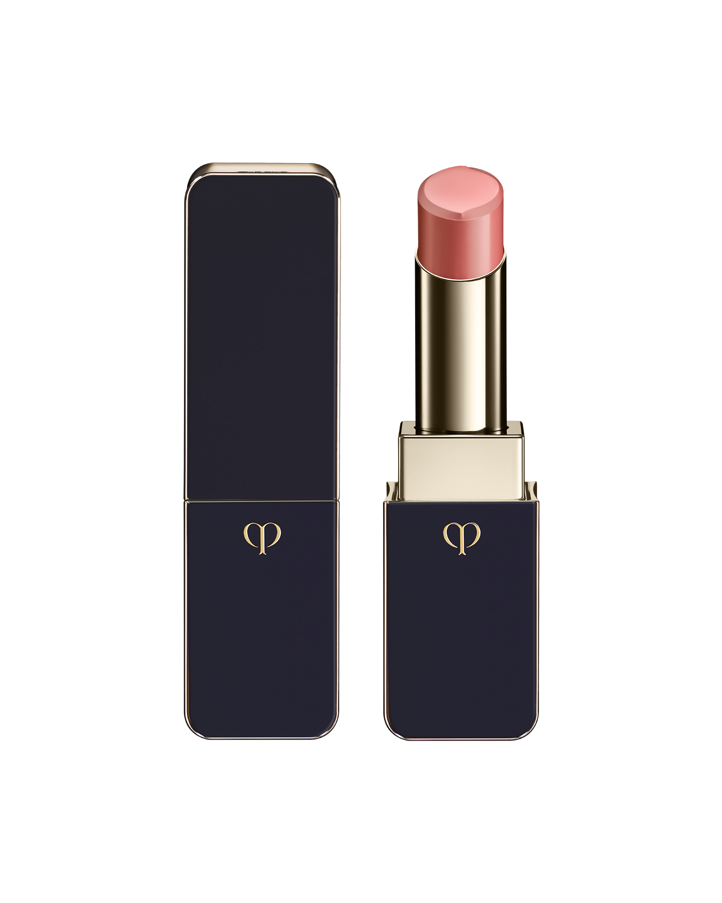 Photo of "LIPSTICK SHINE" with the stick twisted up. The tip is engraved with the brand logo, and the body features a combination of blue-black and gold sides. SHADE: Influential.