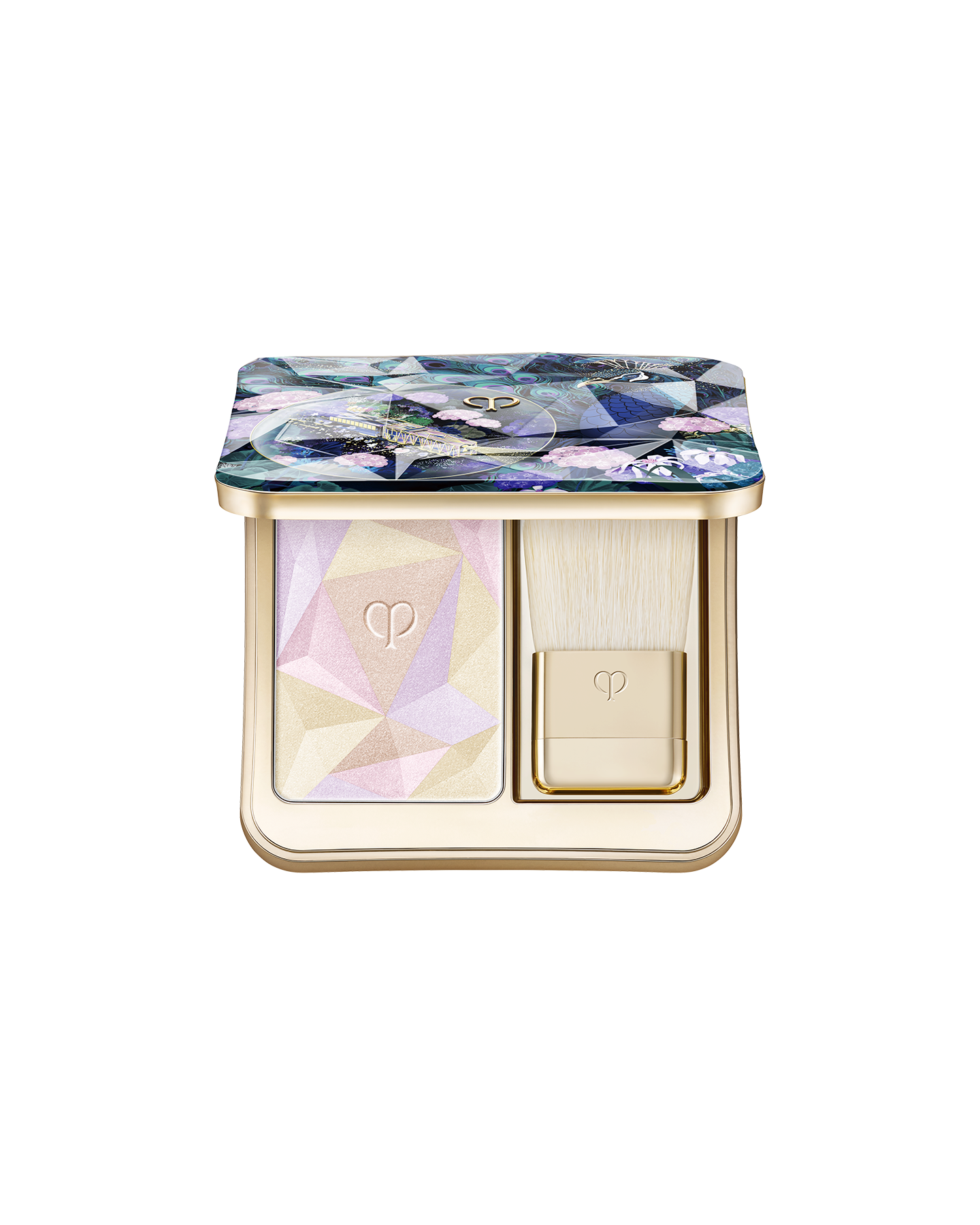 Photo of the limited-edition THE LUMINIZING FACE ENHANCER, a highlighting powder with geometric patterns in blue, lavender, and green paired with a gold brush. The lid features a special design adorned with peacocks and floral motifs. Shade: Radiant Peafowl.