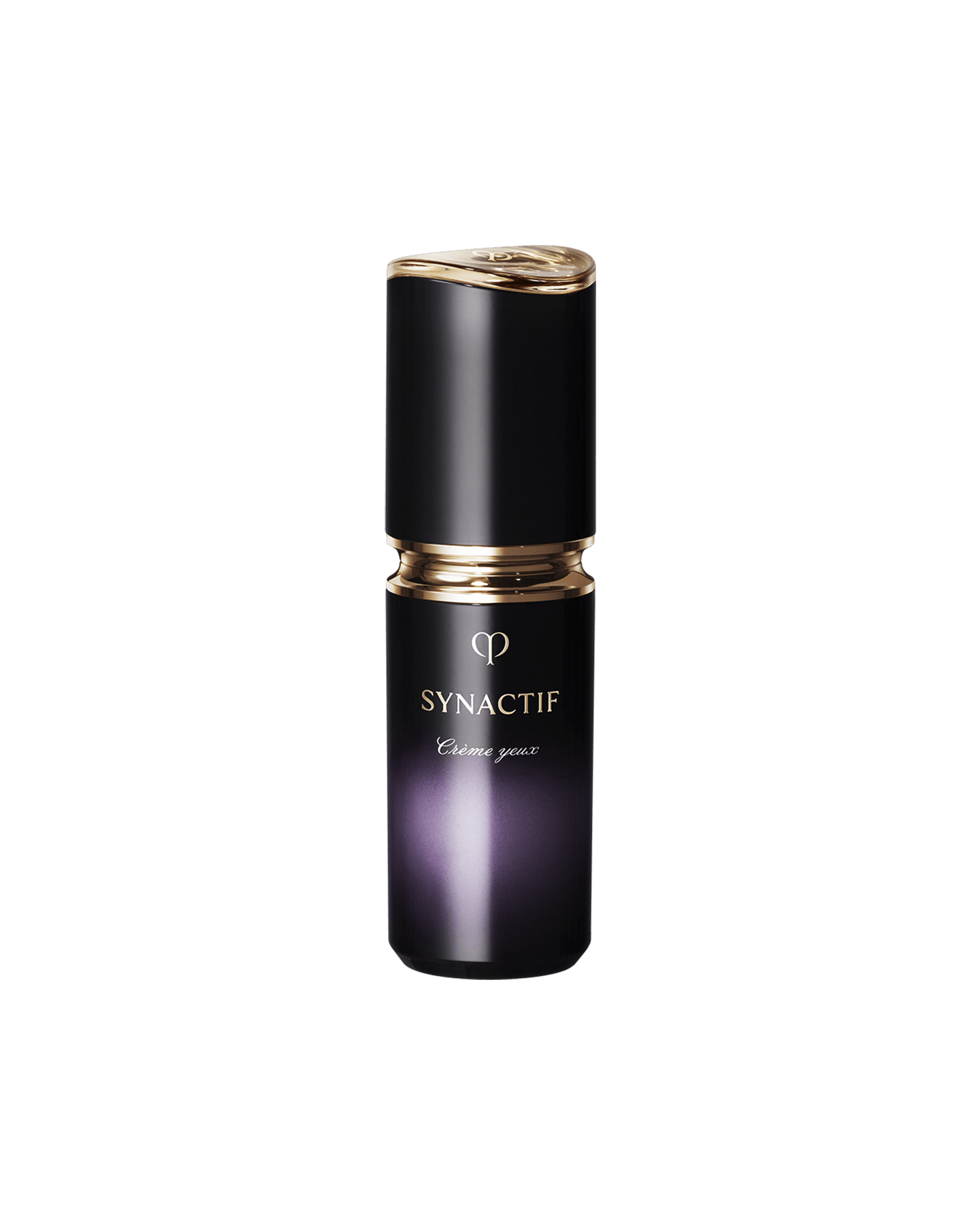 Photo of the Cl&eacute; de Peau Beaut&eacute; SYNACTIF EYE CREAM. It is housed in a compact cylindrical bottle featuring a black-to-purple gradient. A gold accent is placed between the cap and body, and the 'SYNACTIF' logo is displayed on the front.