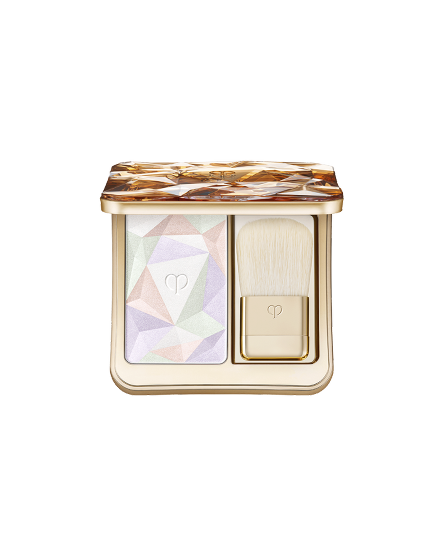 Photo of  &ldquo;THE LUMINIZING FACE ENHANCER,&rdquo; a face powder set that includes a highlighter powder designed with geometric patterns in lavender, light green, and beige pink, along with a gold brush. Shade: 17-Celestial Sparks.