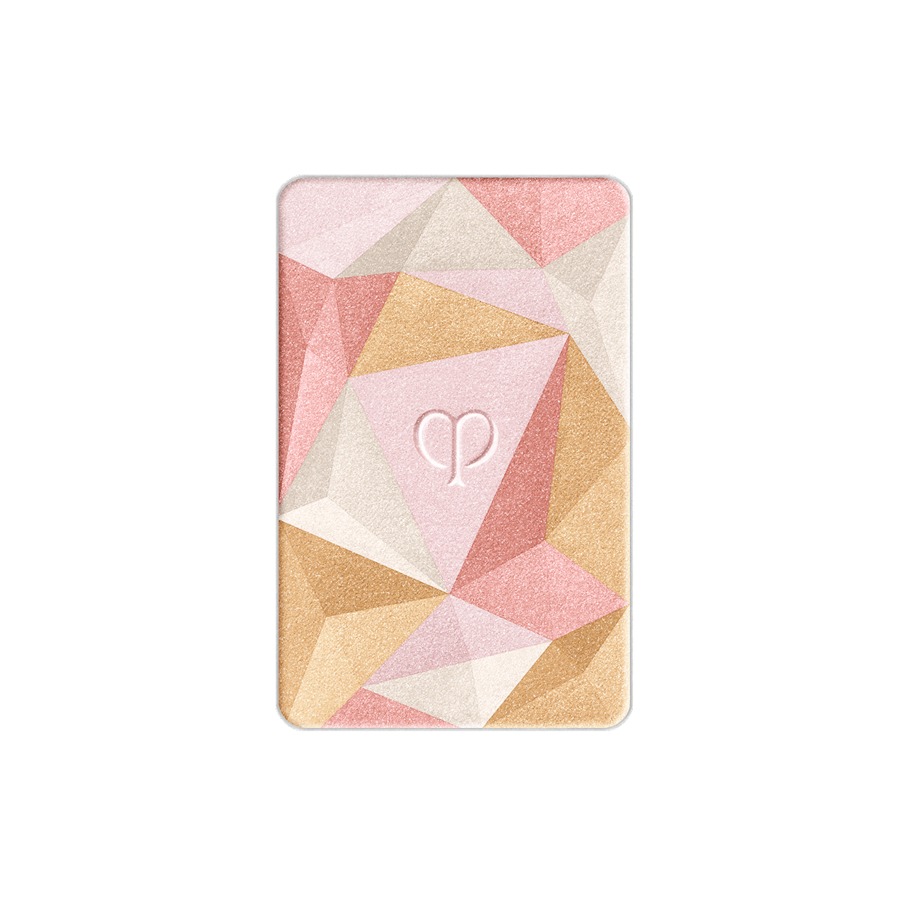 Photo of the 26 AW Holiday Collection limited-edition THE LUMINIZING FACE ENHANCER refill. The geometric multi-colored powder forms a mosaic pattern across the rectangular tray, with the embossed Cl&eacute; de Peau Beaut&eacute; logo centered on a pale pink facet.