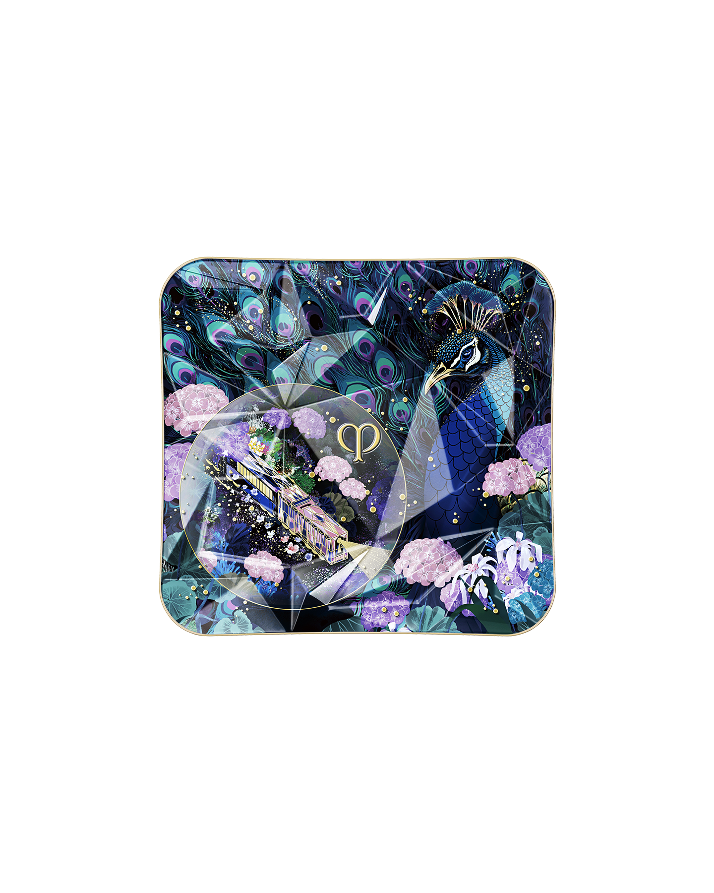 Photo of the compact case of the limited-edition THE LUMINIZING FACE ENHANCER Radiant Peafowl, featuring a special design with peacocks and floral patterns.