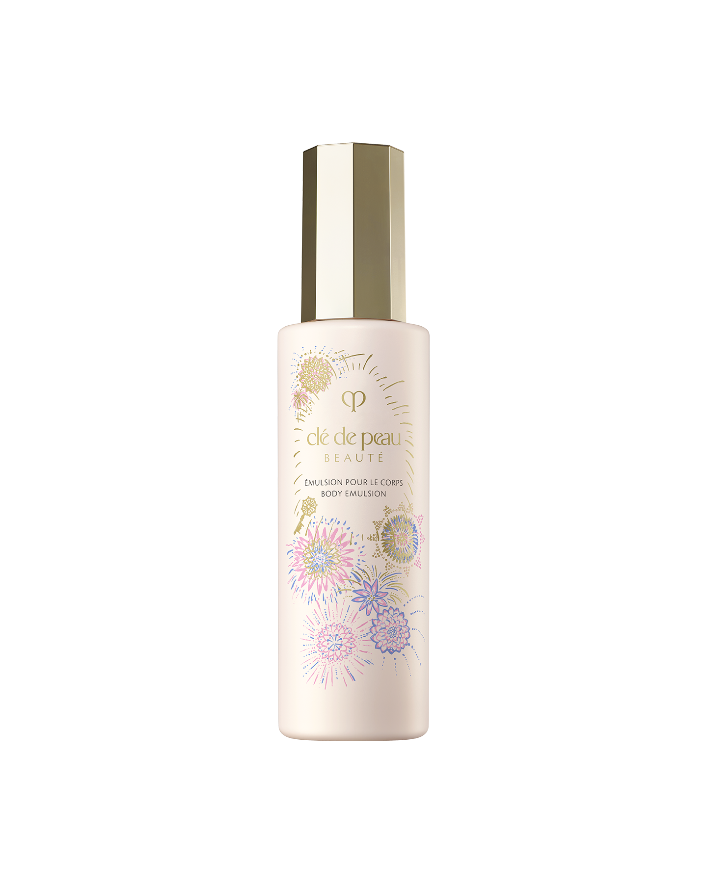 Photo of the 26 SS Gift Collection limited-edition BODY EMULSION. The light pink bottle features the Radiance Fireworks design with illustrations of flowers blooming like fireworks and a key motif. 