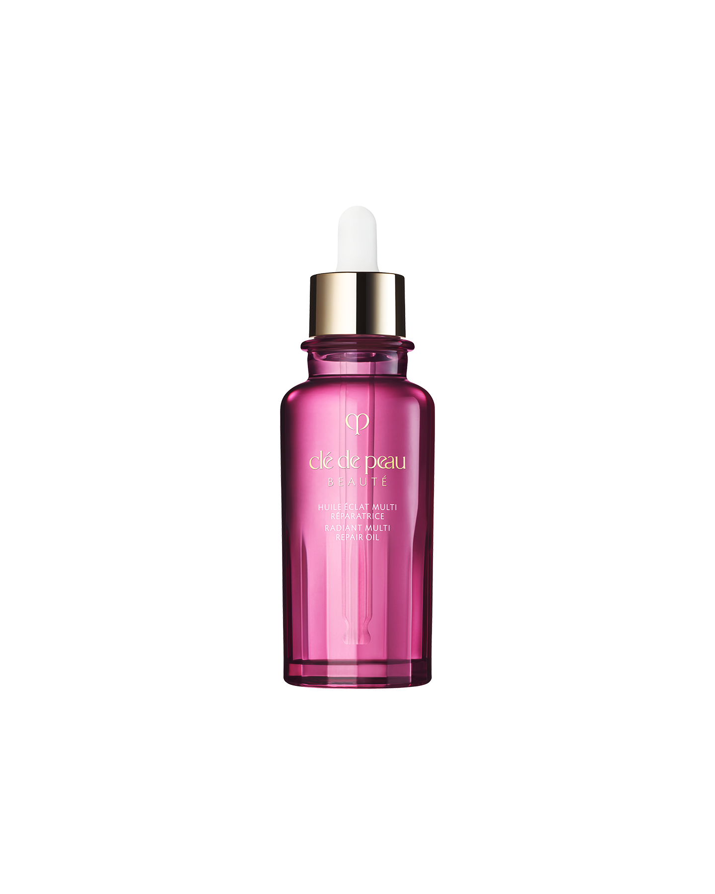 Photo of "RADIANT MULTI REPAIR OIL" in a metallic pink bottle with a white cap and the gold brand logo. Comes with a dropper. Size: 75mL