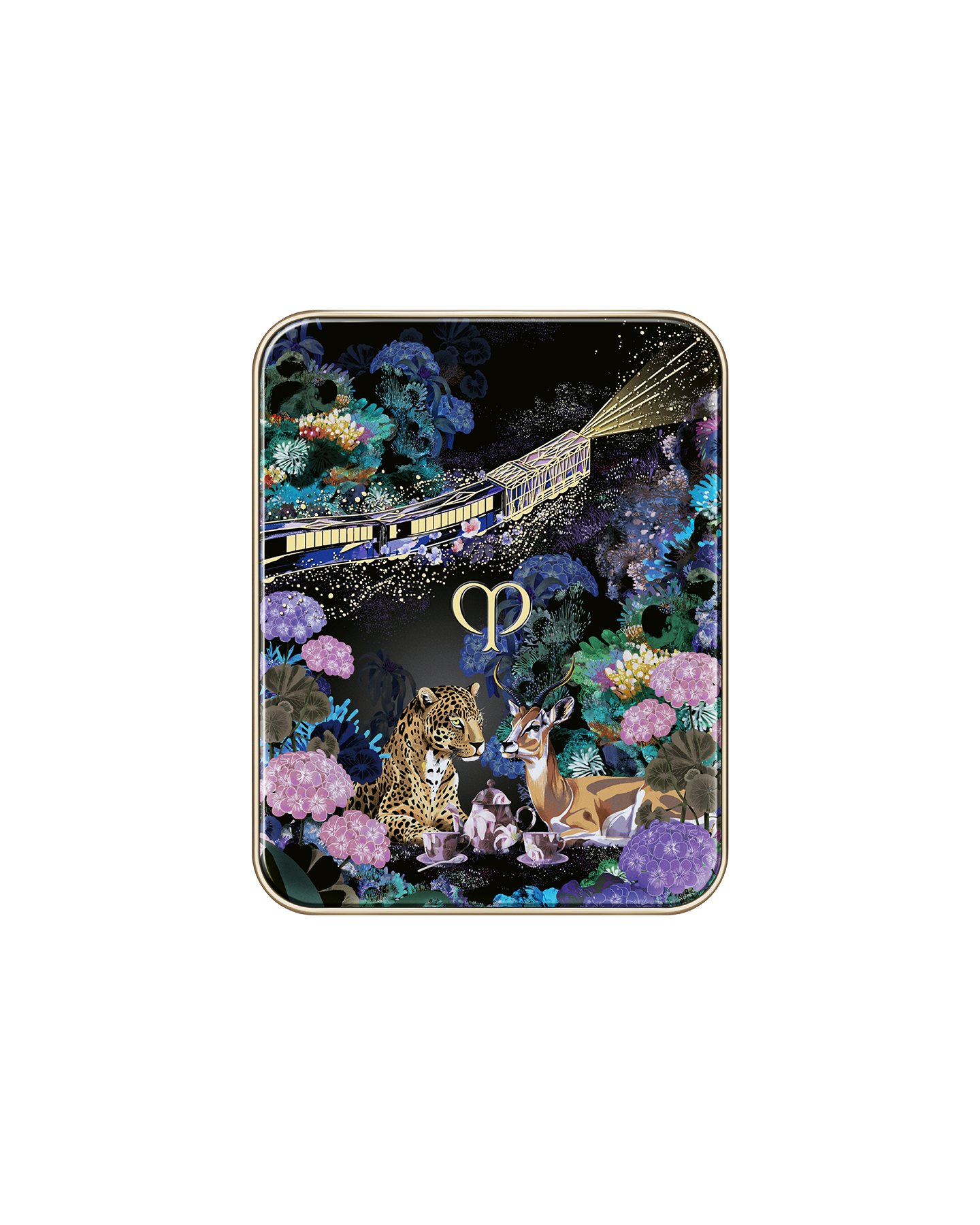 Photo of the compact case of the limited-edition EYE COLOR QUAD featuring a special design with a train, animals, and flowers, showing a gold train running across the lid. Includes two tips and a brush. Shade: Pastel Tea Safari.