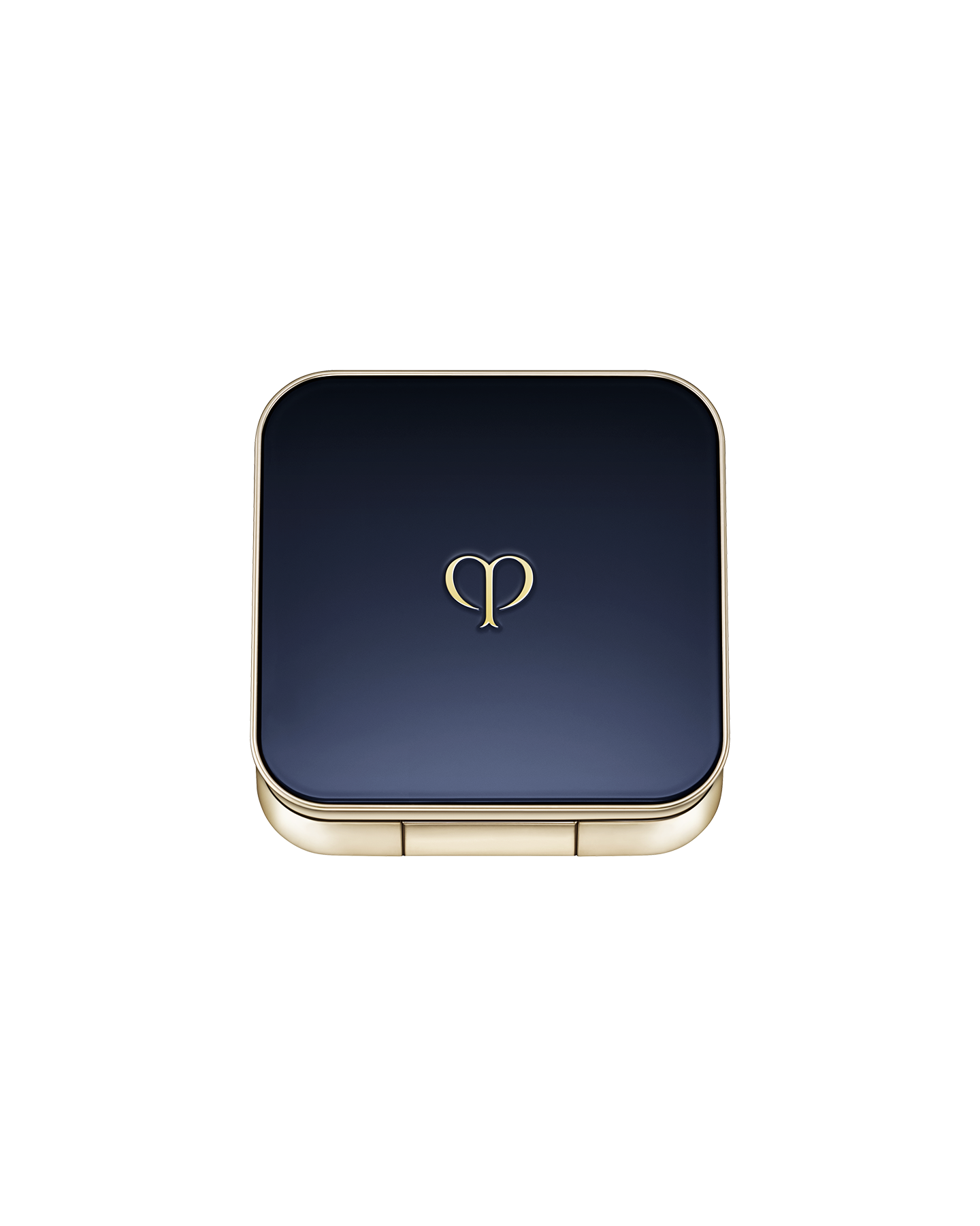 Photo of an exclusive case for "EYE COLOR SOLO" with the lid closed. It has a rounded square shape, with a blue-black lid featuring the brand logo in the center and gold trim along the sides.