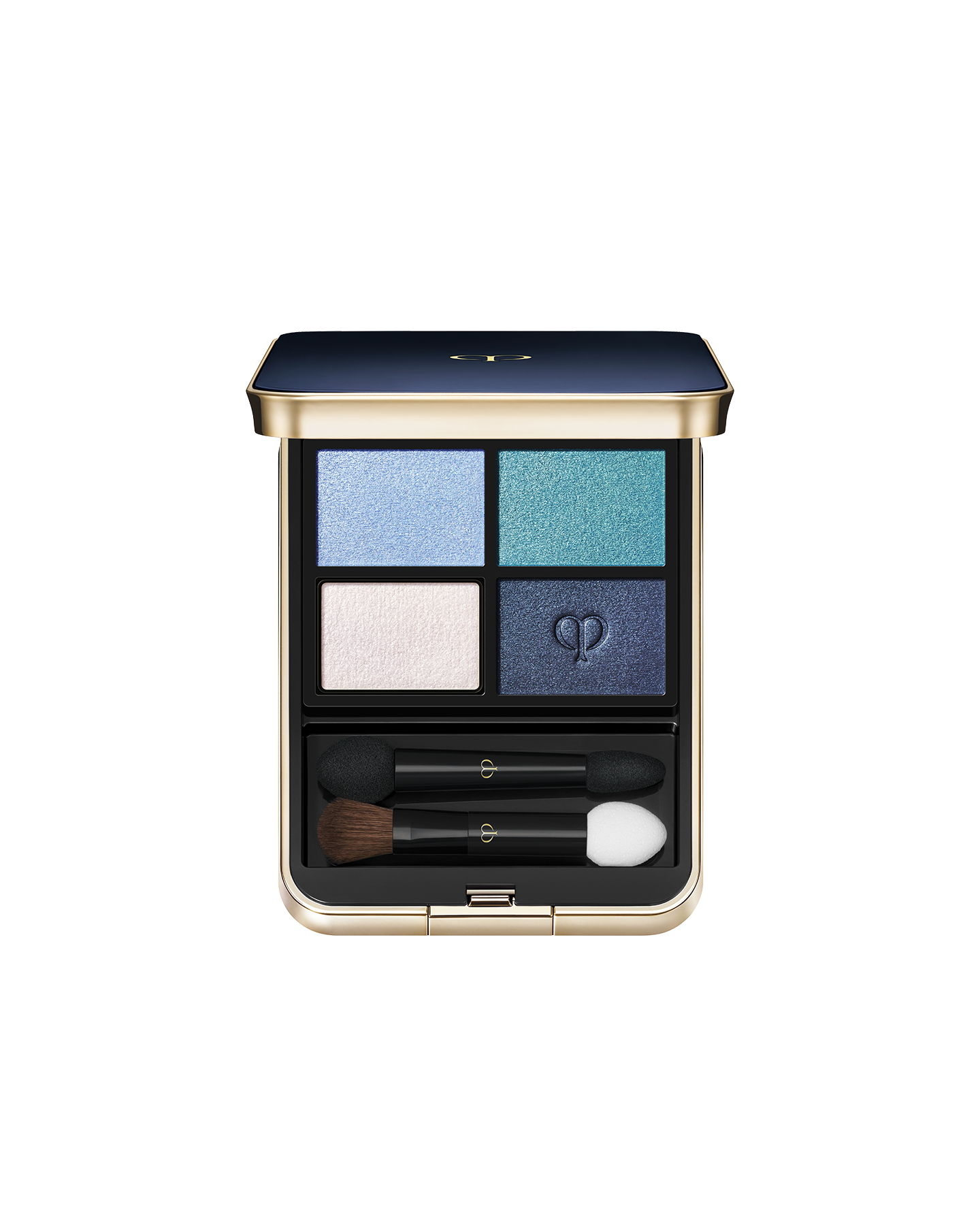 Photo of "EYE COLOR QUAD (REFILL)" set in a square case with a blue-black top and gold brand logo. Includes tip and brush. Shade: 11-Azure Blue Sea.