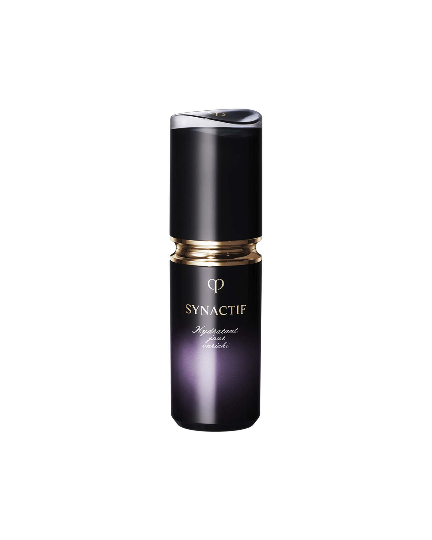 Photo of the Cl&eacute; de Peau Beaut&eacute; SYNACTIF MOISTURIZER ENRICHED. It is presented in a compact cylindrical bottle with a black-to-purple gradient. There is a gold accent between the cap and the body, and the 'SYNACTIF' logo is elegantly displayed on the front. SIZE : 20g