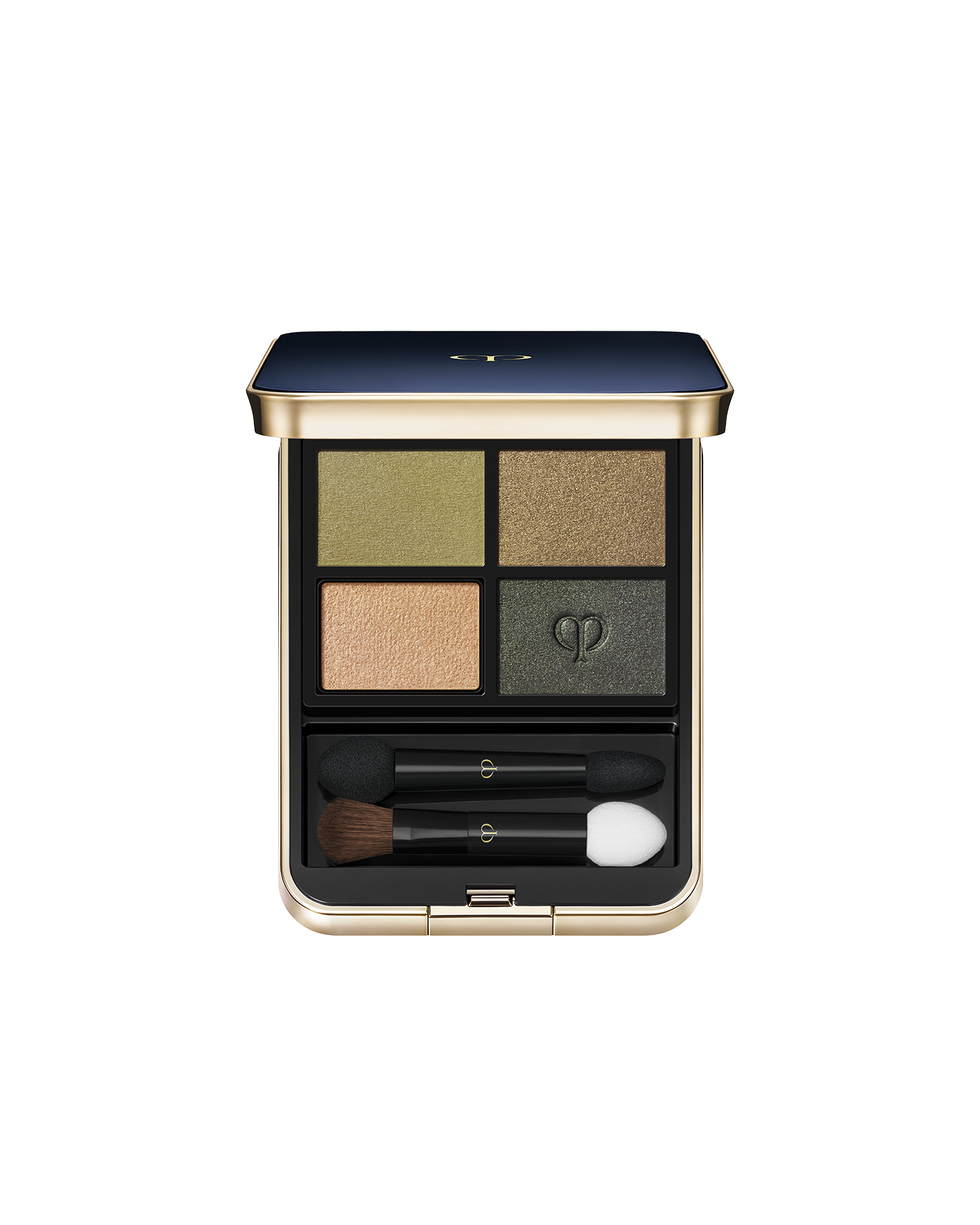 Photo of "EYE COLOR QUAD (REFILL)" set in a square case with a blue-black top and gold brand logo. Includes tip and brush. Shade: 10-Sea Grass.