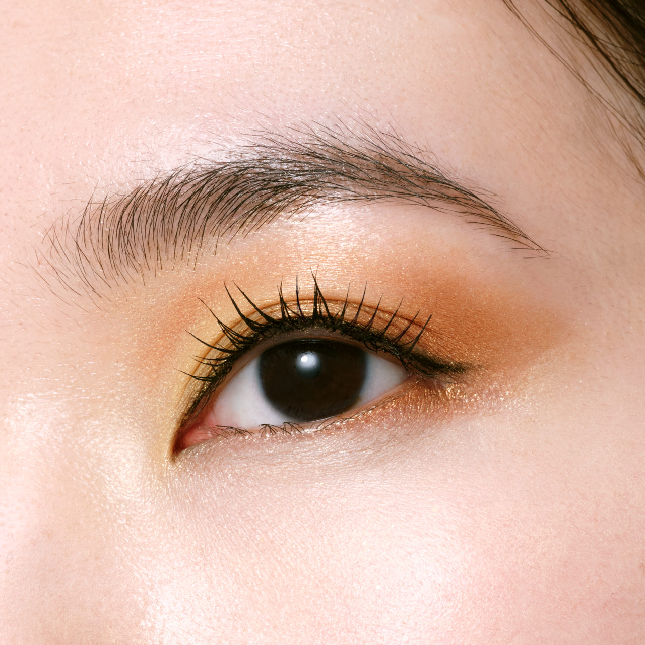 Photo of the 26 AW Holiday Collection limited-edition EYE COLOR QUAD on a model. A close-up shot focuses on her eye, displaying the applied eyeshadow gradient on her eyelid and upper brow bone area.