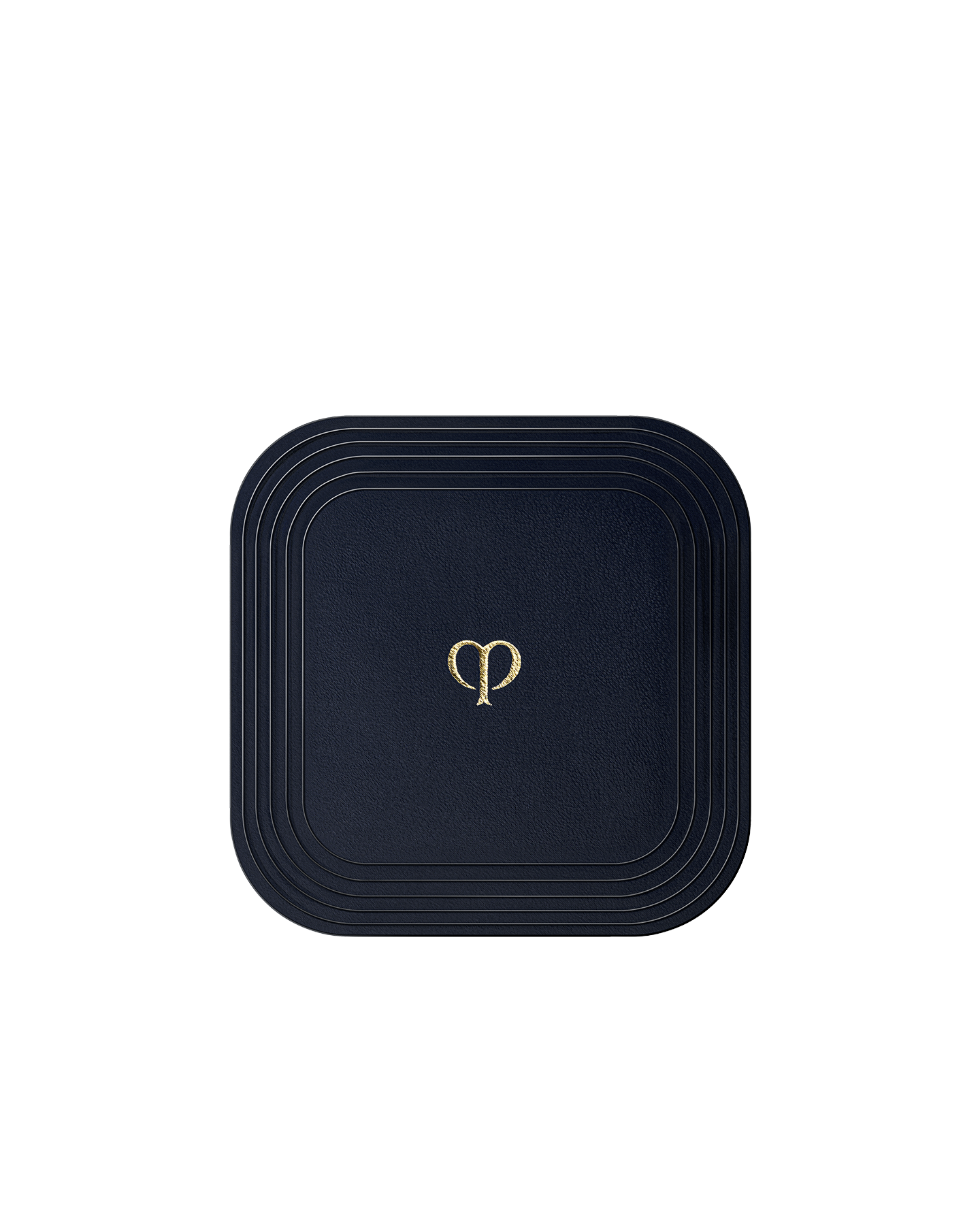 Photo of a square puff for "REFINING PRESSED POWDER", wrapped in smooth blue-black fabric.