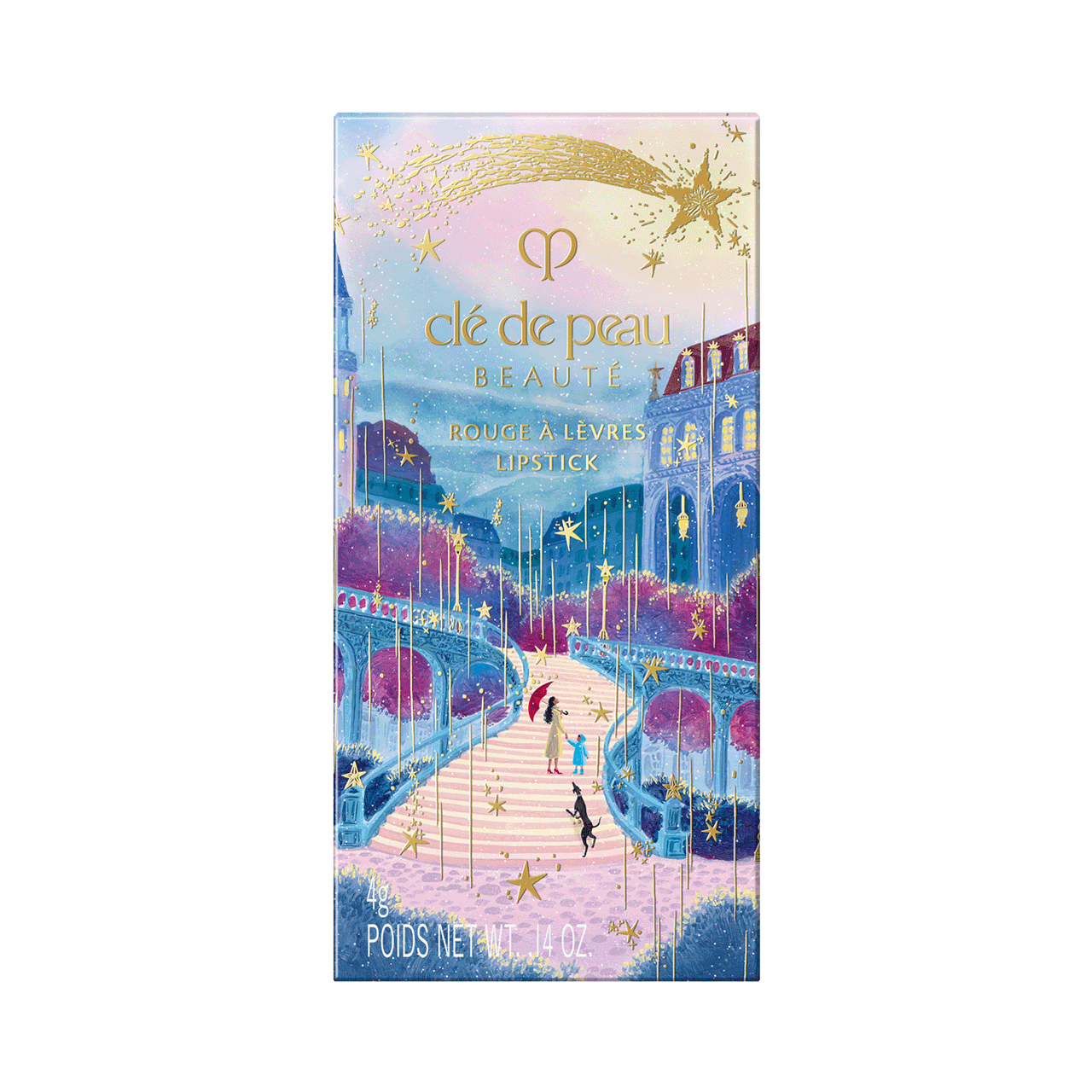 Photo of the 26 AW Holiday Collection limited-edition LIPSTICK outer box. The rectangular package features a scenic illustration of figures on a path under a starry sky with a castle, decorated with a large gold shooting star across the top.