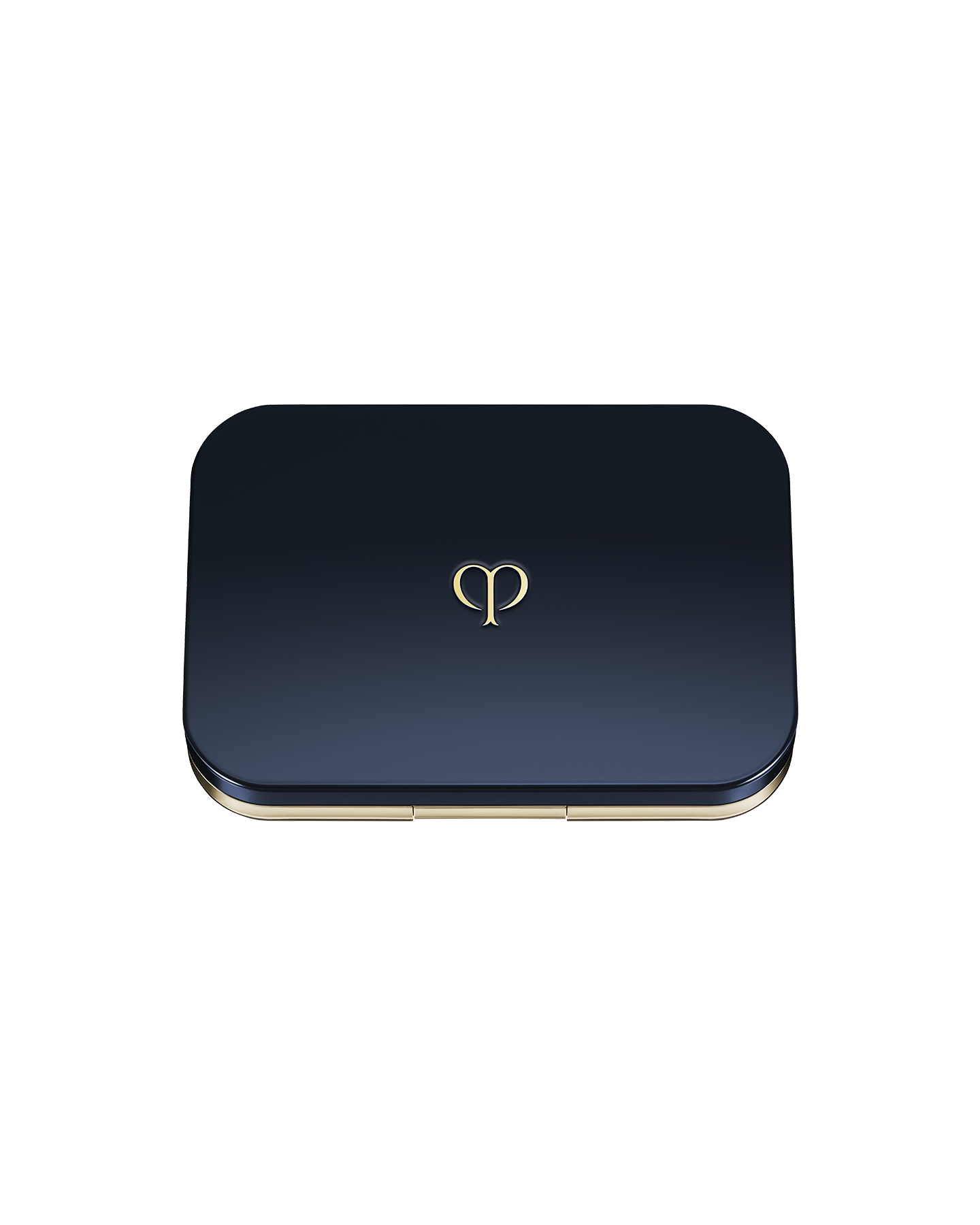 Photo of the exterior of a sleek navy compact case with the brand logo in the center.