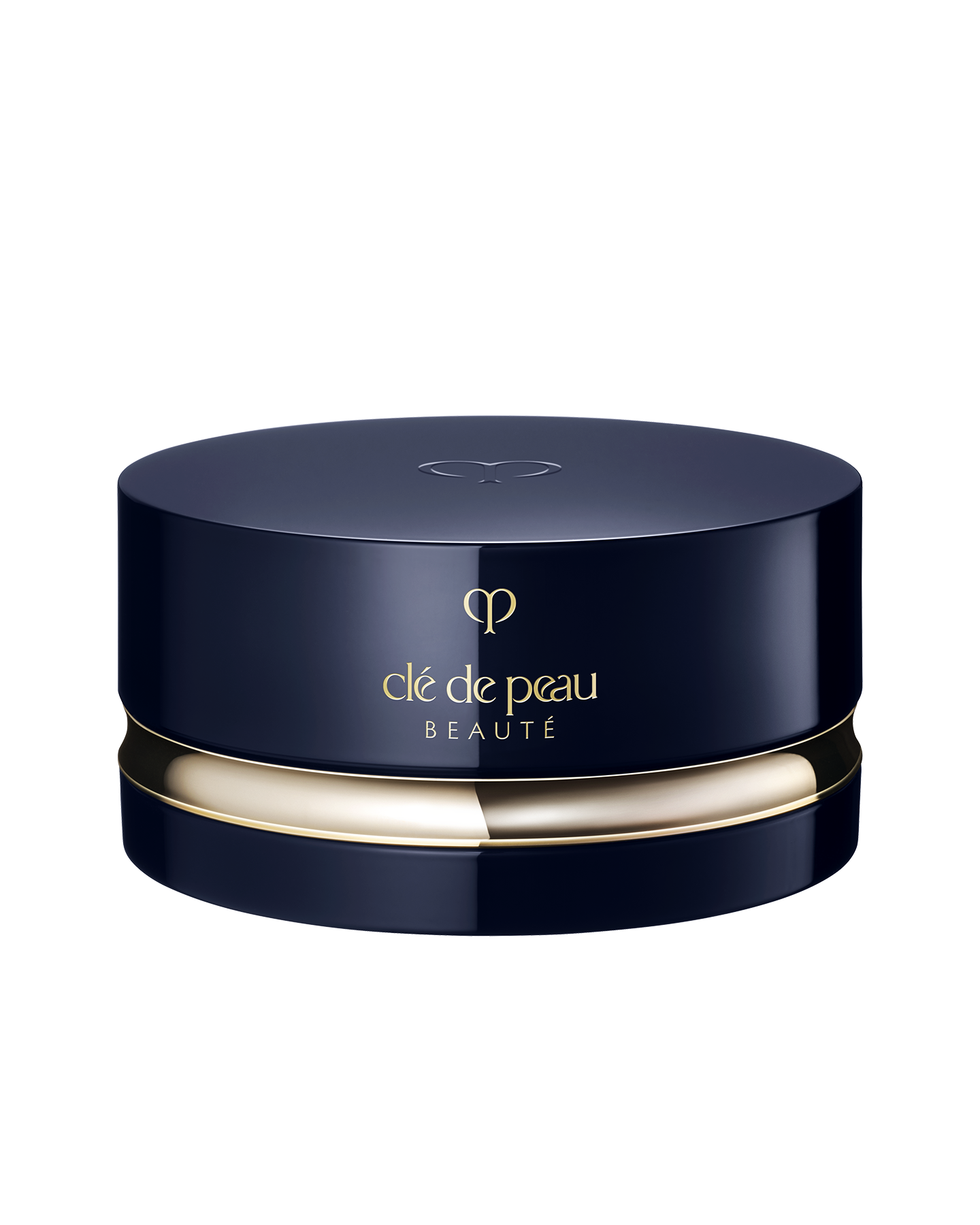 Photo of a luxurious round container in blue-black and gold. The lid is closed, and the brand logo is engraved on the top.