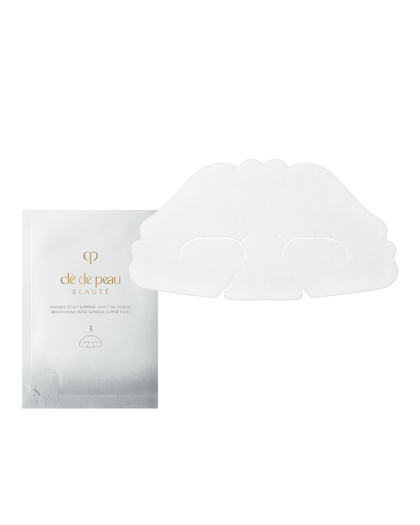 Photo of BRIGHTENING MASK TREATMENT SUPREME upper face sheet mask (step 3). A silver packet and a white upper face mask with eye and nose cutouts are shown side by side.