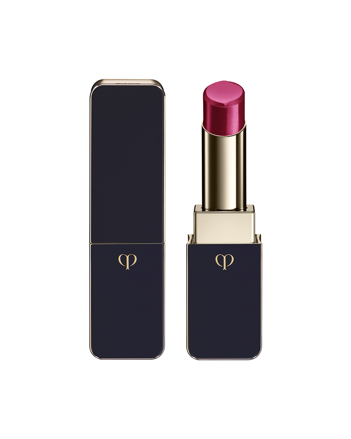 Photo of "LIPSTICK SHINE" with the stick twisted up. The tip is engraved with the brand logo, and the body features a combination of blue-black and gold sides. SHADE: Go-Getter Grape.