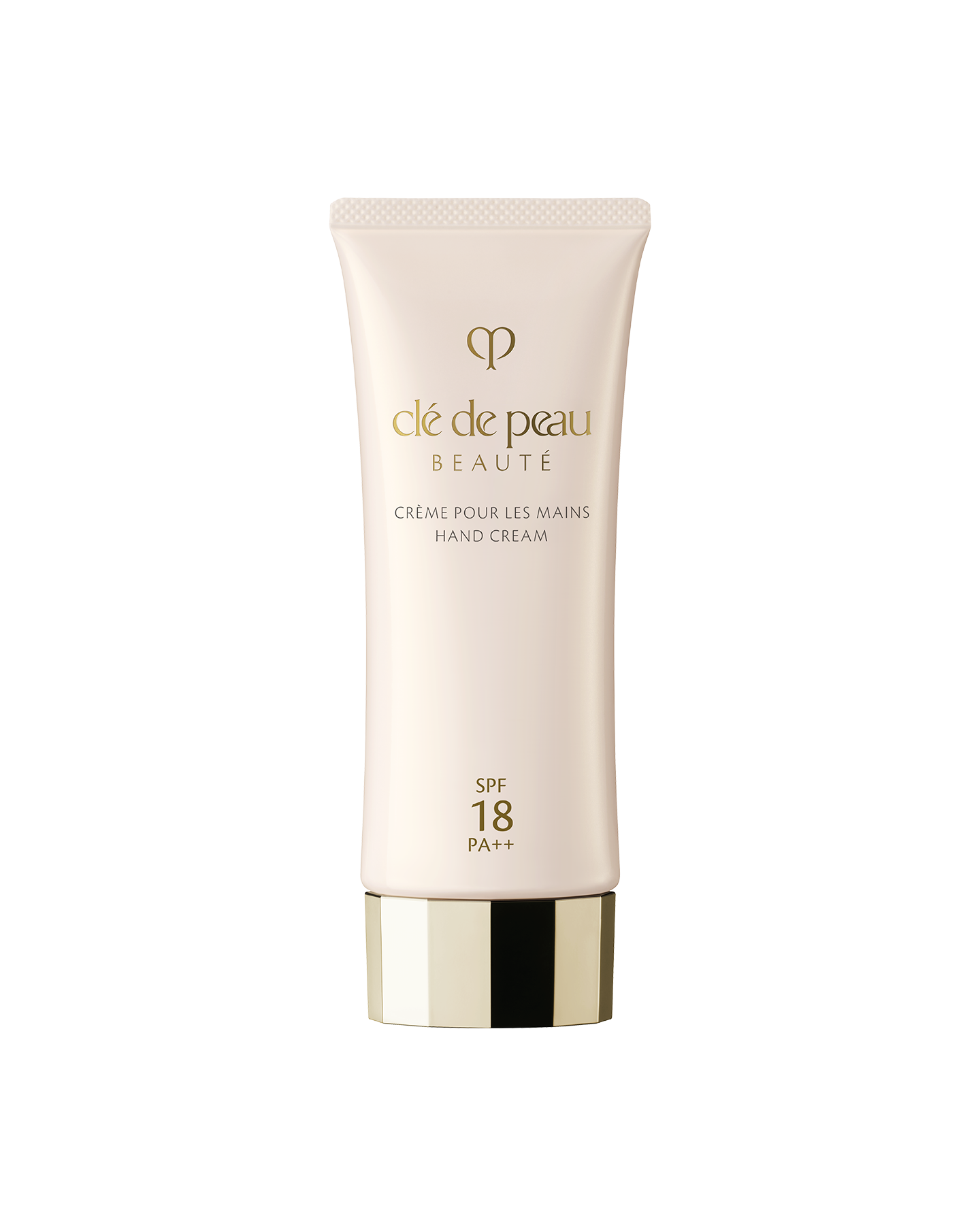 Photo of a pale pink tube of "HAND CREAM". The cap features a faceted gold design, and the front displays the gold brand logo along with SPF18 PA++ labeling.