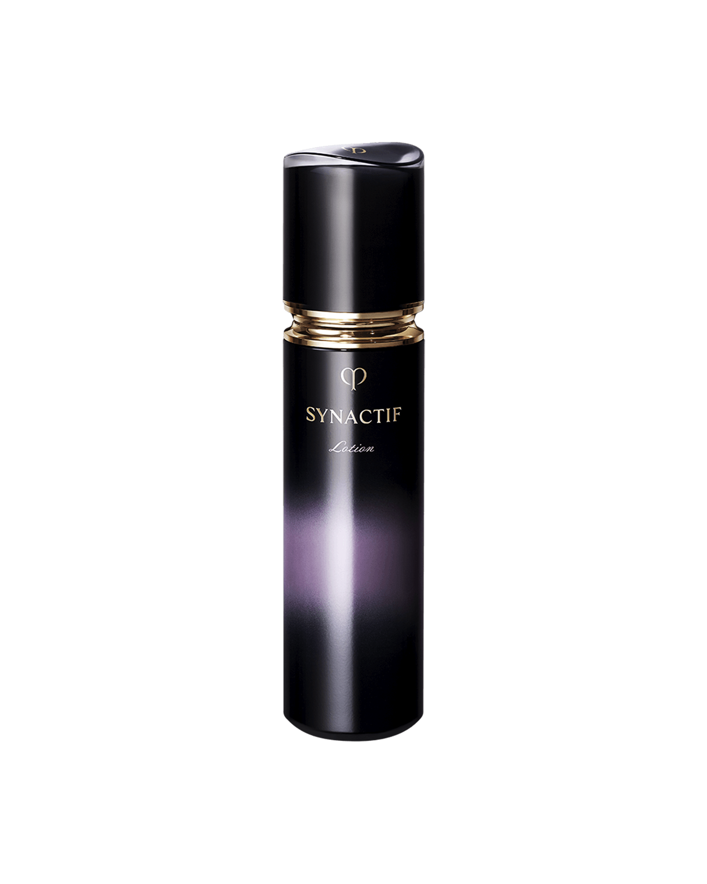 Photo of the sophisticated Cl&eacute; de Peau Beaut&eacute; SYNACTIF LOTION. The product is presented in a sleek, deep purple bottle that features a luminous gradient down the center, highlighted by a chic gold accent below the cap. SIZE : 125ML