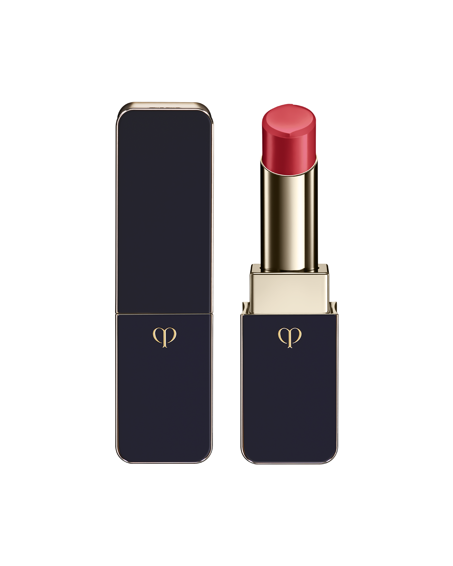 Photo of "LIPSTICK SHINE" with the stick twisted up. The tip is engraved with the brand logo, and the body features a combination of blue-black and gold sides. SHADE: Always-Right Red.