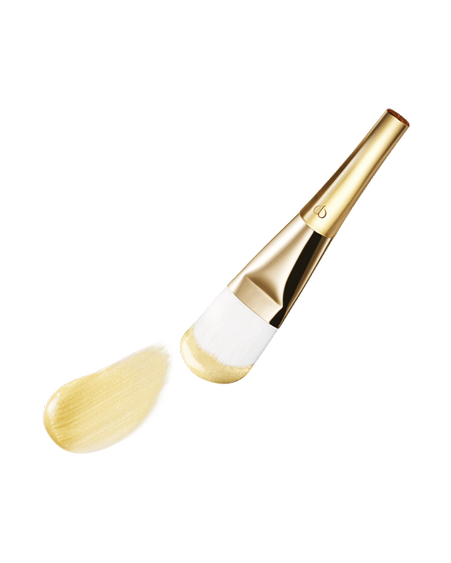 Photo of a gold-handled brush with white bristles, coated in the "PRECIOUS GOLD VITALITY MASK". 