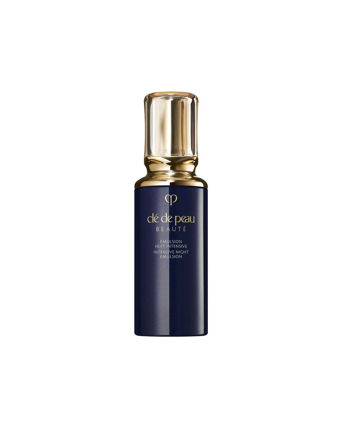 Photo of a blue-black bottle of INTENSIVE NIGHT EMULSION with a translucent, rounded gold cap.SIZE：125mL