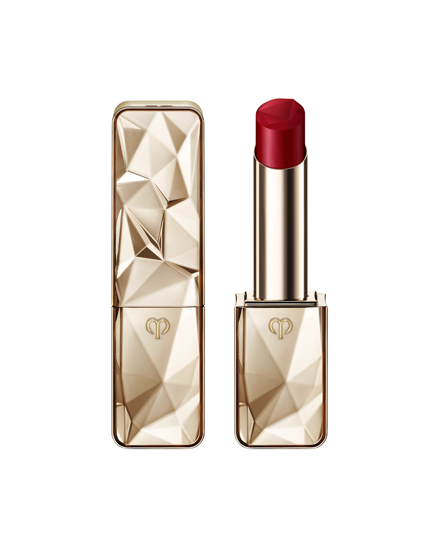 Photo of "THE PRECIOUS LIPSTICK", featuring a sparkling gold case and cap that reflects light. SHADE: Scarlet Diamond.